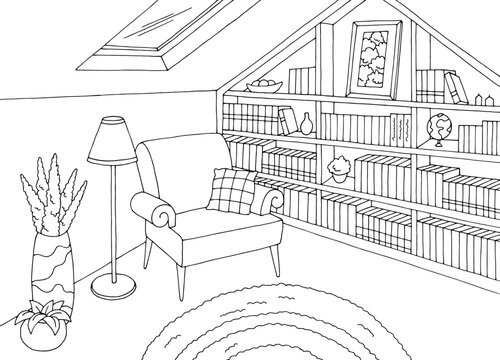 Attic library graphic black white interior sketch illustration vector