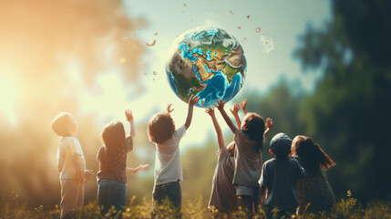 Saving the planet concept with children holding Earth - obrazy, fototapety, plakaty
