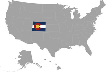 Obraz premium Map of US federal state of Colorado with state flag within gray map of United States of America