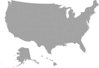 Map of US federal state of Delaware with state flag within gray map of United States of America