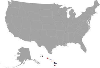 Map of US federal state of Hawaii Islands with state flag within gray map of United States of America