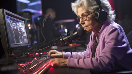 Fototapeta na wymiar Senior woman podcaster making audio podcast from her radio studio