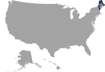 Map of US federal state of Maine with state flag within gray map of United States of America