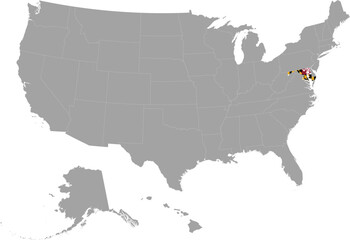 Map of US federal state of Maryland with state flag within gray map of United States of America
