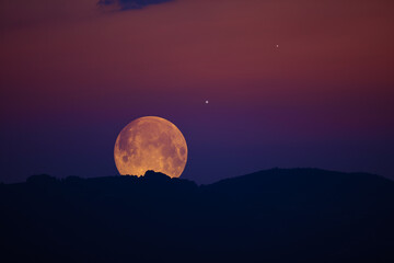 Full Moon, stars, planets and landscape scenery silhouettes. - obrazy, fototapety, plakaty