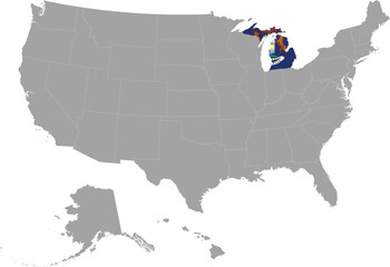 Map of US federal state of Michigan with state flag within gray map of United States of America