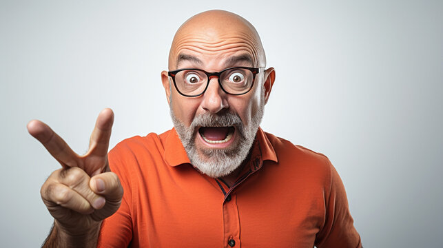 Studio portrait of crazy bald guy with glasses and peace sign. Excited face of middle aged man with winning hand gesture, copy space