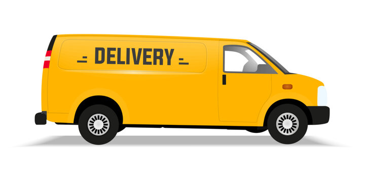 Delivery van with shadow. Orange delivery van vehicle. Cartoon delivery van in a flat design