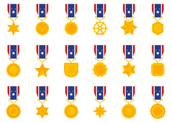 Veterans insignia icons. Army insignia golden medal award. Military medals in a flat design. Golden public commemorative award medals