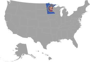 Map of US federal state of Minnesota with state flag within gray map of United States of America