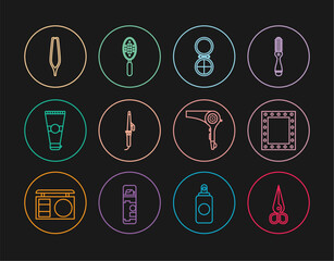 Set line Scissors, Makeup mirror with lights, powder, Curling iron, Lotion cosmetic tube, Eyebrow tweezers, Hair dryer and Hairbrush icon. Vector