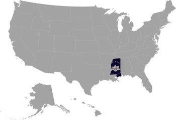 Map of US federal state of Mississippi with state flag within gray map of United States of America