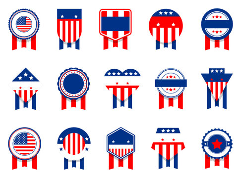 US flag badge collection. Set of blue and red badge medal in a flat design. Different US label badges