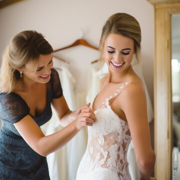 woman having wedding dress fitted.