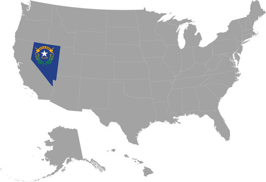 Map of US federal state of Nevada with state flag within gray map of United States of America