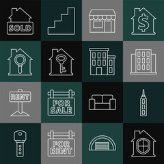 Set line House under protection, Skyscraper, Market store, with key, Search house, Hanging sign text Sold and icon. Vector