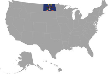 Map of US federal state of North Dakota with state flag within gray map of United States of America