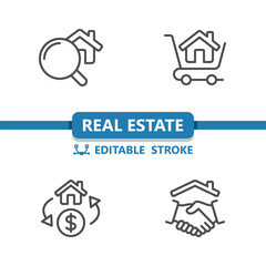 Real Estate Icons. House, Building, Home, Magnifier, Shopping Cart, Price, Hanshake, Deal Vector Icon