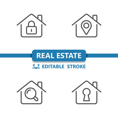 Real Estate Icons. House, Houses, Building, Lock, Location, Magnifier, Keyhole Vector Icon
