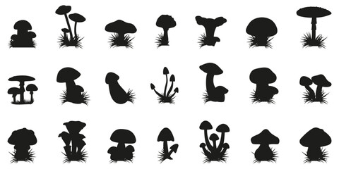 Mushrooms silhouettes. Mushroom and toadstool icons. Set of mushroom silhouette with grass