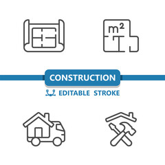 Construction Icons. Blueprint, Moving Truck, Tools, House, Building Vector Icon