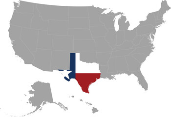 Fototapeta premium Map of US federal state of Texas with state flag within gray map of United States of America