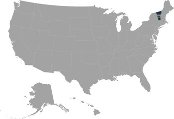 Map of US federal state of Vermont with state flag within gray map of United States of America