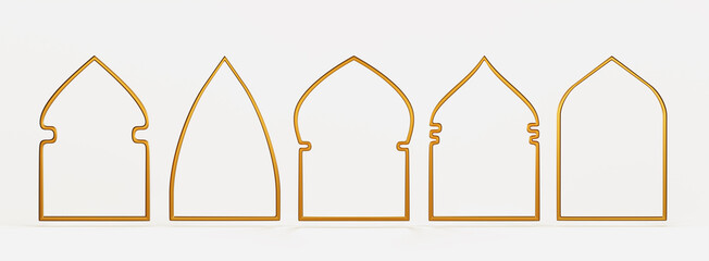 Arab gold windows arches 3d render. Luxury icon set of golden metal vintage frames borders for mosque, muslim and islamic architecture, ornamental design isolated on white background. 3D illustration