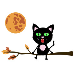 A black cat sitting on a tree branch under the full moon and singing a song. Night gatherings. halloween