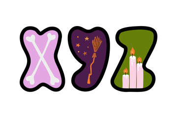 Halloween English alphabet. XYZ letters in flat cartoon style. Abc with bones, broom, stars and candles