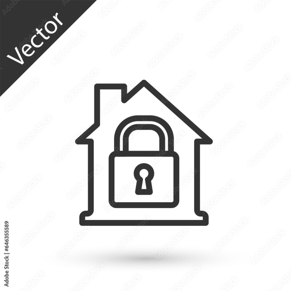 Wall mural Grey line House under protection icon isolated on white background. Home and lock. Protection, safety, security, protect, defense concept. Vector