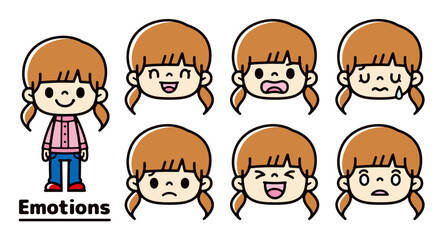 Set of illustrations of white girls with various expressions