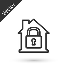 Grey line House under protection icon isolated on white background. Home and lock. Protection, safety, security, protect, defense concept. Vector