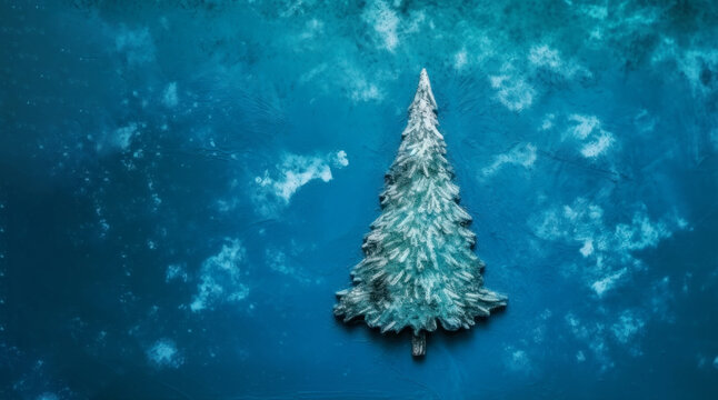 Banner with christmas tree closeup on blue background. Merry Christmas and Happy New Year holiday concept