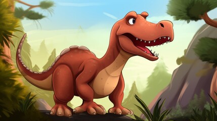 Cartoon big Brontosaurus dinosaur in a jungle, illustration for children. Vector illustration of a Cartoon happy dinosaur standing in the jungle. Smiling colorful dinosaur childish art.