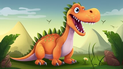 Cartoon big Brontosaurus dinosaur in a jungle, illustration for children. Vector illustration of a Cartoon happy dinosaur standing in the jungle. Smiling colorful dinosaur childish art.