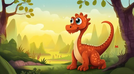 Cartoon big Brontosaurus dinosaur in a jungle, illustration for children. Vector illustration of a Cartoon happy dinosaur standing in the jungle. Smiling colorful dinosaur with spikes, childish art.