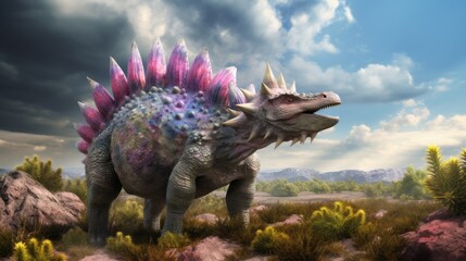 Prehistoric Dinosaur with horns and scales walking through the fauna. Concept art of an ancient reptile walking in the forest. Spinosaurus feeding in the woods. 3D render of an angry reptile.