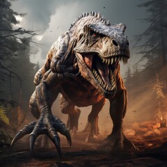 Tyrannosaurus rex roaring in the woods. Hunting angry T-Rex with a growl. Concept art of a mad ancient scary reptile in the burning forest. T-Rex causes chaos in the woods. Angry dinosaur in fire.