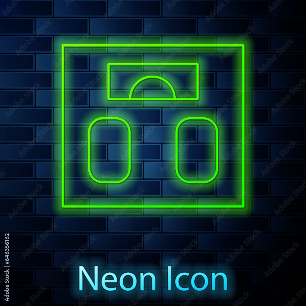 Sticker glowing neon bathroom scales icon isolated on brick wall background. weight measure equipment. weigh