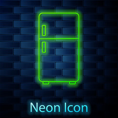 Glowing neon line Refrigerator icon isolated on brick wall background. Fridge freezer refrigerator. Household tech and appliances. Vector