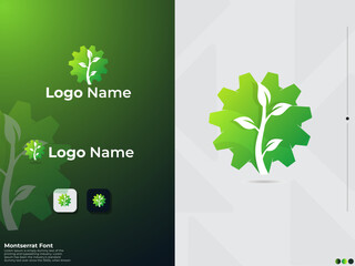 Green gear logo design. Eco gear. Tree. Business. Natural. Tree gear logo. Auto. Eco service. Premium template. Finance. Leaf. Colorful