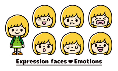 Set of illustrations of white girls with various expressions