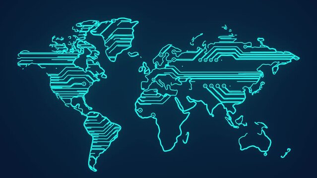 World map futuristic technology chipset animation