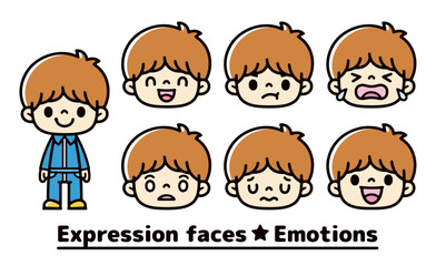 Set of illustrations of white boys with various expressions