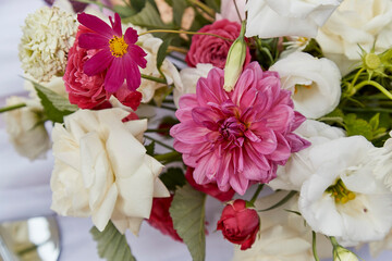 Graceful artfully arranged pink flowers bouquet. A wedding imbued with the elegance of Provence.