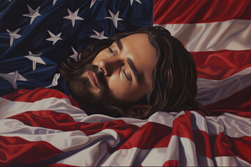 A weary Jesus Christ our saviour rests in a bed made of united states of america stars and stripes flag - obrazy, fototapety, plakaty