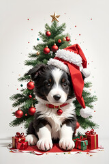 Fototapeta na wymiar A-border-collie-puppy-wearing-a-red-Christmas-hat,-sitting-next-to-a-Christmas-tree-made-of-little-paws.-Happy-Pawlidays-written-in-groovy-font.-White-background.-T-shirt-design.