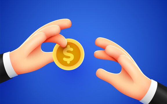 Hand holds a coin and gives it to another. Salary, charity and finance concept. Modern 3d style.