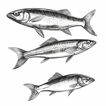 Group Of Fish Drawn In Black And White